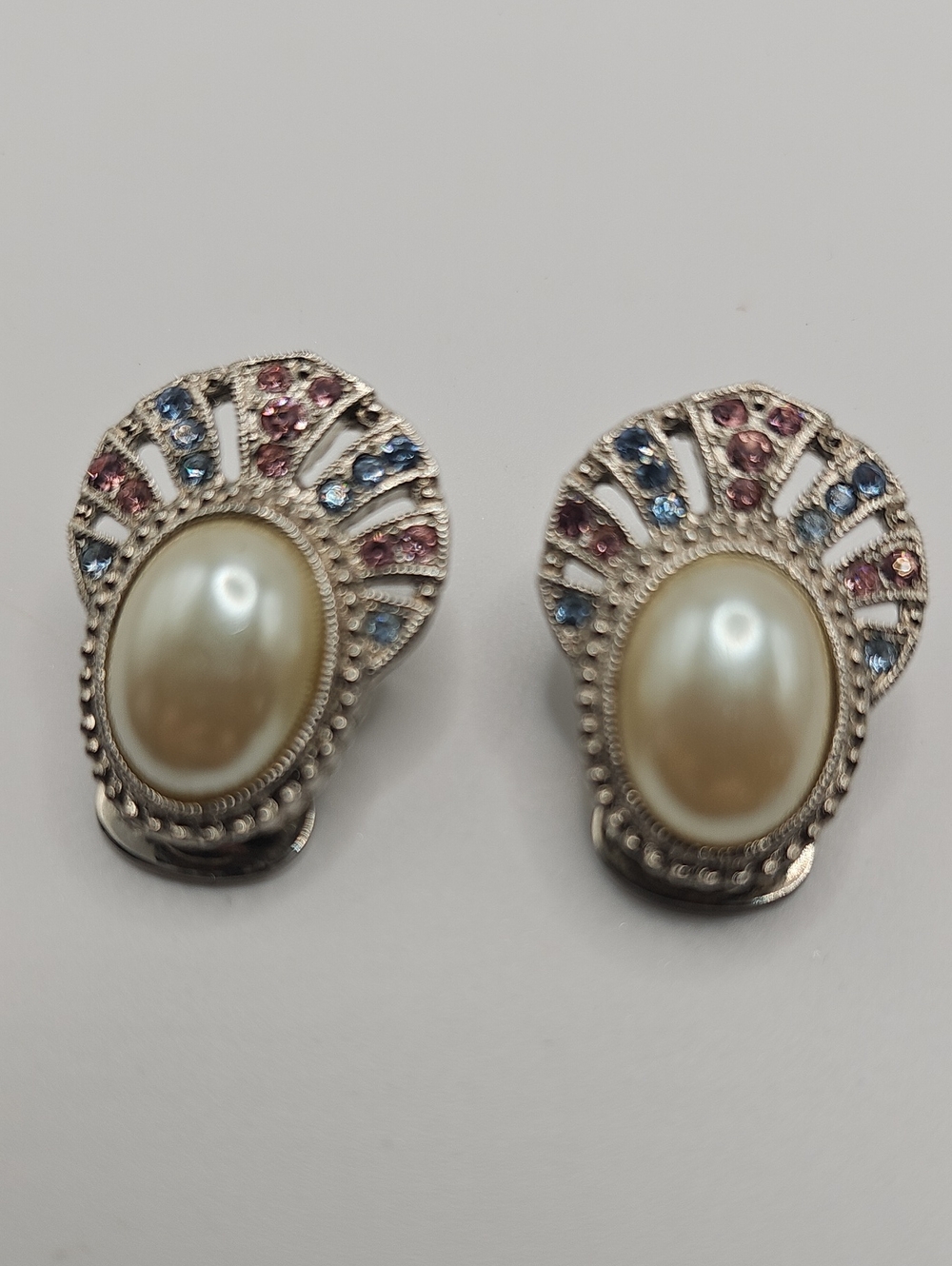 Vintage Pearl Cabochon Clip-On Earrings with Pink & Blue Crystal Accents.